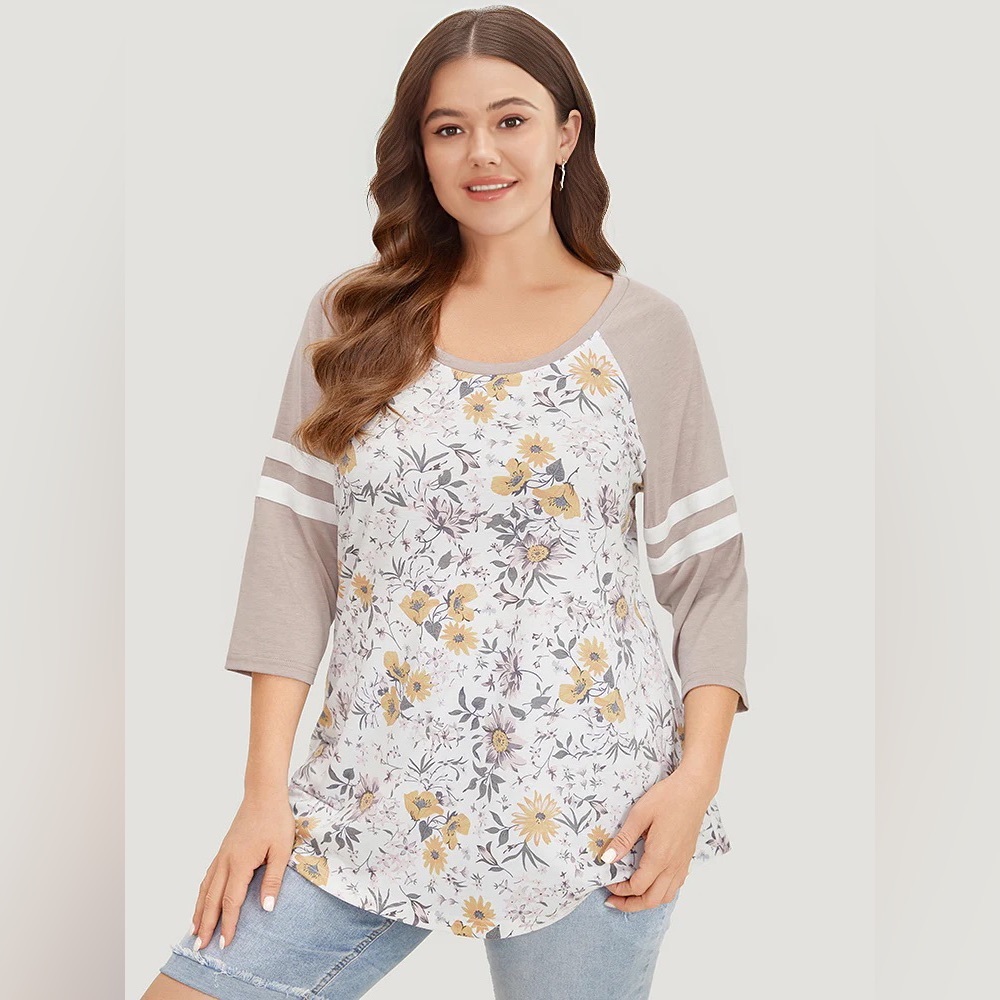 Floral Print Patchwork Raglan Sleeve T-Shirt - Medium - Picture 4 of 6